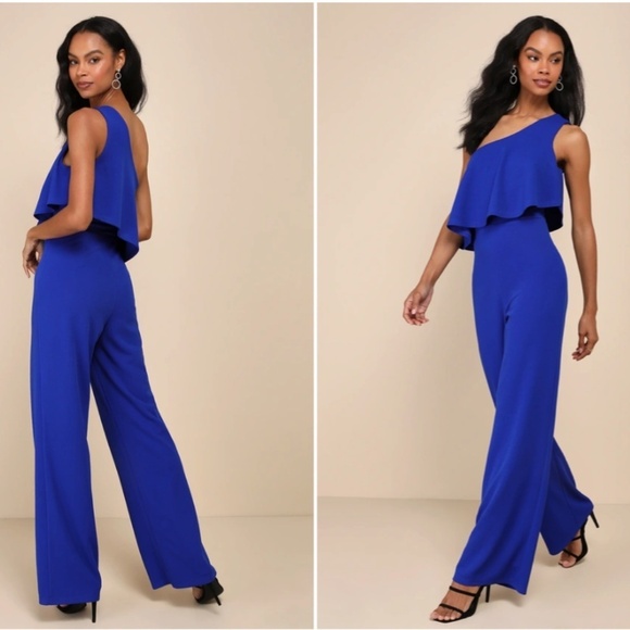 LULU's Sexy Chic Sophisticated Wedding Cocktail One Shoulder Wide Leg Jumpsuit - Picture 4 of 5